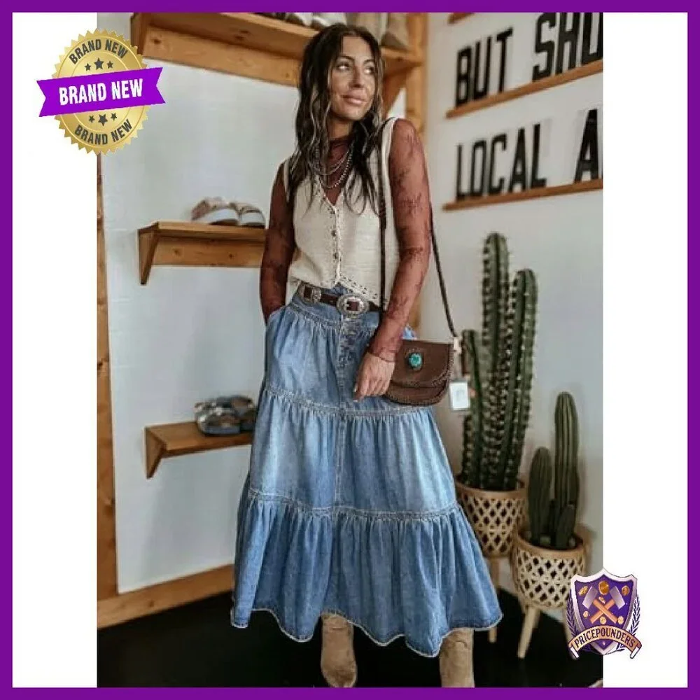 High Waist Denim Maxi Skirt Button Fly Tiered Ruffle A-Line